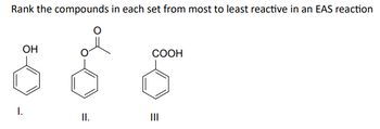 Rank the compounds in each set from most to least reactive in an EAS reaction
OH
I.
II.
COOH
|||