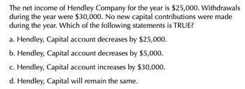 The net income of Hendley Company for the year is $25,000. Withdrawals
during the year were $30,000. No new capital contributions were made
during the year. Which of the following statements is TRUE?
a. Hendley, Capital account decreases by $25,000.
b. Hendley, Capital account decreases by $5,000.
c. Hendley, Capital account increases by $30,000.
d. Hendley, Capital will remain the same.