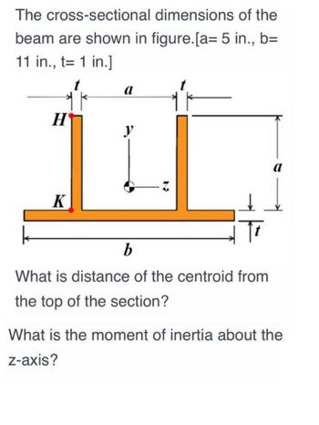 The cross-sectional dimensions of the
beam are shown in figure.[a= 5 in., b=
11 in., t= 1 in.]
H
a
y
K
12
a
b
What is distance of the centroid from
the top of the section?
What is the moment of inertia about the
z-axis?