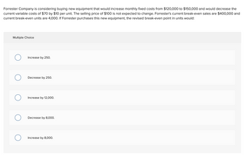 **Forrester Company Equipment Purchase Analysis**

Forrester Company is considering investing in new equipment that will affect their cost structure. The specifics of the changes are as follows:

- **Fixed Costs**: Will increase from $120,000 to $150,000 per month.
- **Variable Costs**: Will decrease from $70 per unit to $60 per unit.
- **Selling Price**: Remains unchanged at $100 per unit.

Forrester's current break-even analysis reveals:
- **Break-even Sales**: $400,000
- **Current Break-even Units**: 4,000 units

Given these changes, Forrester will need to re-calculate their break-even point in units to determine the revised value after purchasing the new equipment.

**Break-even Analysis Question:**

If Forrester purchases this new equipment, the revised break-even point in units would:

- Increase by 250.
- Decrease by 250.
- Increase by 12,000.
- Decrease by 8,000.
- Increase by 8,000.

**Multiple Choice Options:**

- Increase by 250.
- Decrease by 250.
- Increase by 12,000.
- Decrease by 8,000.
- Increase by 8,000.