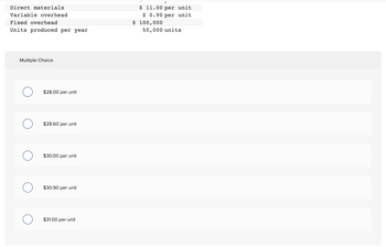 Direct materials
Variable overhead
Fixed overhead
Units produced per year
Multiple Choice
O
$28.00 per unit
$28.60 per unit
$30.00 per unit
$30.90 per unit
$31.00 per unit
$ 11.00 per unit
$0.90 per unit
$ 100,000
50,000 units