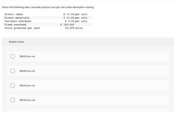 Given the following data, calculate product cost per unit under absorption costing.
Direct labor
Direct materials
Variable overhead
Fixed overhead
Units produced per year
Multiple Choice
$28.00 per unit
$28.60 per unit
$30.00 per unit
$30.90 per unit
$ 17.00 per unit
$ 11.00 per unit
$ 0.90 per unit
$ 100,000
50,000 units