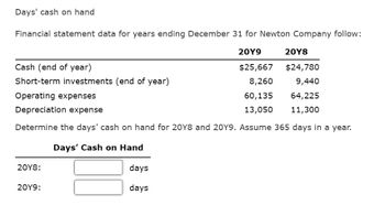 Days' cash on hand
Financial statement data for years ending December 31 for Newton Company follow:
20Y9
20Y8
$25,667
$24,780
8,260
9,440
60,135
64,225
13,050 11,300
Cash (end of year)
Short-term investments (end of year)
Operating expenses
Depreciation expense
Determine the days' cash on hand for 20Y8 and 20Y9. Assume 365 days in a year.
Days' Cash on Hand
20Y8:
20Y9:
days
days