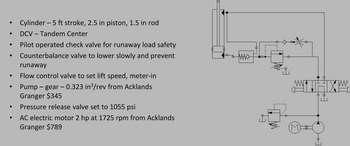 ●
Cylinder - 5 ft stroke, 2.5 in piston, 1.5 in rod
DCV - Tandem Center
Pilot operated check valve for runaway load safety
Counterbalance valve to lower slowly and prevent
runaway
Flow control valve to set lift speed, meter-in
Pump - gear -0.323 in³/rev from Acklands
Granger $345
Pressure release valve set to 1055 psi
AC electric motor 2 hp at 1725 rpm from Acklands
Granger $789
M
WWW