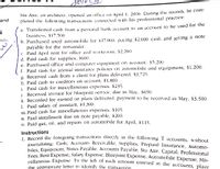 Stu Axe, an architect, opened an office on April 1, 2006. During the month, he comr
pleted the following transactions connected with his professional practice:
and
a. Transferred cash from a personal bank account to an account to be used for the
business, $17,500.
b. Purchased used automobile for $17.000, paying $2,000 cash and giving a note
payable for the remainder.
c. Paid April rent for office and workroom, $2,200.
d. Paid cash for supplies, S660.
e. Purchased office and computer equipment on acCount, $5,200.
f. Paid cash for annual insurance policies on automobile and equipment, $1,200.
g. Received cash from a client for plans delivered, $3,725.
h. Paid cash to creditors on account, $1,800.
i. Paid cash for miscellaneous expenses, $235.
j. Received invoice for blueprint service, due in May, $650.
k. Recorded fee earned on plans delivered, payment lo be received in May, $3,500.
1. Paid salary of assistant, $1,300.
mm. Paid cash for miscellancous expenses, $105.
n. Paid installment due on note payable, $200.
o. Paid gas, oil, and repairs on automobile for April, $115.
Instructions
1 Record the foregoing transactions directly in the following T accounts, without
journalizing: Cash; Accounts Receivable; Supplies; Prepaid Insurance; Automo-
biles: Equipment; Notes Payable; Accounts Payable; Stu Axe, Capital; Professional
Fees: Rent Expense; Salary Expense; Blueprint Expense; Automobile Expense; Mis-
cellaneous Expense. To the left of each amount entered in the accounts., place
the appropriate letter to identify the transaction.
