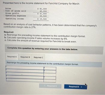 Presented here is the income statement for Fairchild Company for March:
Sales
Cost of goods sold
Gross profit
Operating expenses
Operating income.
$ 81,000
40,000
$ 41,000
30,500
$ 10,500
Based on an analysis of cost behavior patterns, it has been determined that the company's
contribution margin ratio is 27%.
Required:
a. Rearrange the preceding income statement to the contribution margin format.
b. Calculate operating income if sales volume increases by 6%.
c. Calculate the amount of revenue required for Fairchild to break even.
Complete this question by entering your answers in the tabs below.
Required A Required B Required C
Rearrange the preceding income statement to the contribution margin format.
<Required A
Required B
>