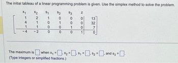 The initial tableau of a linear programming problem is given. Use the simplex method to solve the problem.
X₁
X₂
S₁
$2
2
1
0
1
0
1
0
0
0
0
4
1
-4
1
-2
$3
0
0
1.
0
1000N
13
32
7
The maximum is when x₁ = ₁x₂=₁ $₁=₁ $₂= and s3 = -
*2
(Type integers or simplified fractions.)