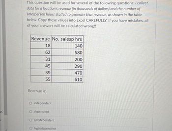 S
This question will be used for several of the following questions: I collect
data for a location's revenue (in thousands of dollars) and the number of
salesperson hours staffed to generate that revenue, as shown in the table
below. Copy these values into Excel CAREFULLY. If you have mistakes, all
of your answers will be calculated wrong!!
Revenue No. salesp hrs
140
580
18
62
31
45
39
55
Revenue is:
O independent
O dependent
O peridependent
O hypodependent
200
290
470
610