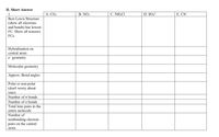 II. Short Answer
1.
A. CO2
В. NO2
С. NH:CI
D. SO,²-
E. CN
Best Lewis Structure
(show all electrons
and bonds) has lowest
FC. Show all nonzero
FCs.
Hybridization on
central atom
e geometry
Molecular
geometry
Approx. Bond angles
Polar or non-polar
(don't worry about
ions)
Number of o bonds
Number of t bonds
Total lone pairs in the
entire molecule
Number of
nonbonding electron
pairs on the central
atom
