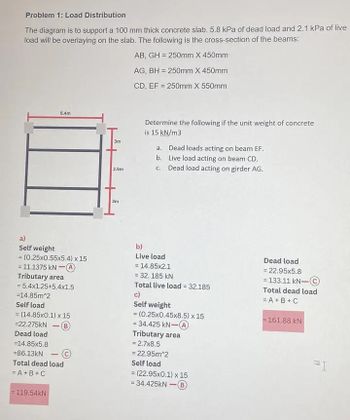 Problem 1: Load Distribution
The diagram is to support a 100 mm thick concrete slab. 5.8 kPa of dead load and 2.1 kPa of live
load will be overlaying on the slab. The following is the cross-section of the beams:
AB, GH = 250mm X 450mm
AG, BH = 250mm X 450mm
CD, EF = 250mm X 550mm
a)
Self weight
= (0.25x0.55x5.4) x 15
= 11.1375 kN-A
Tributary area
= 5.4x1.25+5.4x1.5
=14.85m^2
Self load
= (14.85x0.1) x 15
B
= 22.275KN
Dead load
=14.85x5.8
=86.13KN
5.4m
-
= 119.54kN
-
Total dead load
= A + B + C
3m
2.5m
3m
Determine the following if the unit weight of concrete
is 15 kN/m3
a.
b.
C.
b)
Live load
Dead loads acting on beam EF.
Live load acting on beam CD.
Dead load acting on girder AG.
= 14.85x2.1
= 32. 185 kN
Total live load = 32.185
c)
Self weight
= (0.25x0.45x8.5) x 15
= 34.425 kN-A
Tributary area
= 2.7x8.5
= 22.95m^2
Self load
= (22.95x0.1) x 15
= 34.425kN
B
-
Dead load
= 22.95x5.8
= 133.11 KN-C
Total dead load
= A + B + C
=161.88 kN
=I