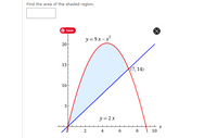 Find the area of the shaded region.
Save
y = 9 x – x?
20
15
(7, 14)
10
5
y= 2 x
4
10
Co
