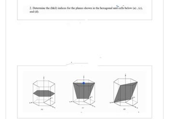 2. Determine the (hkil) indices for the planes shown in the hexagonal unit cells below (a). (c).
and (d).
fo