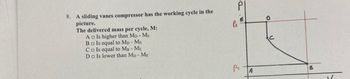 8. A sliding vanes compressor has the working cycle in the
picture.
The delivered mass per cycle, M:
A□ Is higher than MD - ME
Bo Is equal to MD - ME
C□ Is equal to MB - ME
Do Is lower than MD - ME
סו
Pl
E
Pz
کے
C
B
A