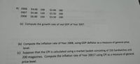 The table and questions appear to be part of an economics problem set focused on calculating growth rates and inflation using GDP and CPI data.

### Table Data:
- **2006:**
  - Price of Good 1: $4.00
  - Quantity of Good 1: 100
  - Price of Good 2: $2.00
  - Quantity of Good 2: 180

- **2007:**
  - Price of Good 1: $5.00
  - Quantity of Good 1: 120
  - Price of Good 2: $2.50
  - Quantity of Good 2: 200

- **2008:**
  - Price of Good 1: $6.00
  - Quantity of Good 1: 150
  - Price of Good 2: $3.50
  - Quantity of Good 2: 200

### Questions:
(a) Compute the growth rate of real GDP for Year 2007.

(b) Compute the inflation rate of Year 2008, using GDP deflator as a measure of general price level.

(c) Suppose that the CPI is calculated using a market basket consisting of 150 Sandwiches and 200 magazines. Compute the inflation rate of Year 20017 using CPI as a measure of general price level.

### Analysis Needed:
- **Real GDP Growth Rate, 2007:**
  - Calculate GDP for each year using prices and quantities.
  - Determine the growth rate from 2006 to 2007.

- **Inflation Rate, 2008:**
  - Use GDP deflator as an index to find changes in price levels.

- **CPI and Inflation Rate, Year 20017:**
  - Use specified market basket.
  - Compute CPI using prices from the specified year.
  - Analyze inflation based on CPI changes. 

### Note:
The text contains a typo in question (c) stating "Year 20017," which should likely be "Year 2007."