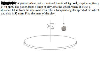 Cure A potter's wheel, with rotational inertia 46 kg · m², is spinning freely
at 40 rpm. The potter drops a lump of clay onto the wheel, where it sticks a
distance 1.2 m from the rotational axis. The subsequent angular speed of the wheel
and clay is 32 rpm. Find the mass of the clay.