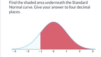 ### Understanding the Standard Normal Curve

#### Problem
Find the shaded area underneath the Standard Normal curve. Give your answer to four decimal places.

#### Explanation of the Diagram
The image displays a Standard Normal Distribution curve, also known as the bell curve, which is symmetrical about the mean of zero. 

- The horizontal axis (x-axis) is marked with values ranging from -3 to 3.
- The area under the curve is divided into two regions:
  - The region to the left of \( x = -1 \) is shaded in light blue.
  - The region from \( x = -1 \) to \( x = 3 \) is shaded in red.
  
To find the required area, we have to calculate the area under the curve from \( x = -1 \) to \( x = \infty \) (which encompasses the right side of the curve starting at \( x = -1 \)).

#### Solution Approach
1. Identify the z-score: In this case, \( z = -1 \).
2. Use the standard normal distribution table, calculator, or a statistical software to find the cumulative probability up to \( z = -1 \).

The cumulative area to \( z = -1 \) is approximately 0.1587. Since we need the area to the right:

\[ \text{Area} = 1 - \text{Area to the left of } z \]
\[ \text{Area} = 1 - 0.1587 \]
\[ \text{Area} = 0.8413 \]

#### Final Answer
The area under the Standard Normal curve from \( x = -1 \) to \( x = 3 \) is approximately **0.8413**.