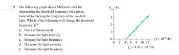 9. The following graph shows Millikan's data for
determining the threshold frequency for a given
material by varying the frequency of the incident
light. Which of the following will change the threshold
frequency, fo?
a. Use a different metal
b. Increase the light intensity
c. Increase the light frequency
Decrease the light intensity
d.
e. Decrease the light frequency
V... (V)
stop
3
نیا
2.
1
0-
0
2
4
-f(x 10¹4 Hz)
6
8 10 12
fo= 4.39 x 10¹4 Hz