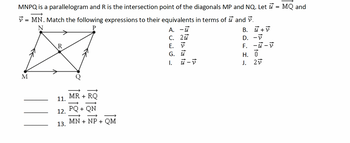 MNPQ is a parallelogram and R is the intersection point of the diagonals MP and NQ. Let u
→
= MN. Match the following expressions to their equivalents in terms of ✓ and v.
N
R
A. -ū
C. 2
E. V
G.
I.
B. +V
D. -
F. v
H. 0
J. 27
M
11.
MR + RQ
12.
PQ+ QN
13.
MN NP QM
=
MQ and