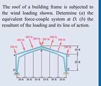 **Analyzing Wind Loading on a Building Frame**

**Problem Statement:**

The roof of a building frame is subjected to the wind loading as depicted in the figure. The objectives are to determine:

(a) The equivalent force-couple system at point D.
(b) The resultant of the loading and its line of action.

**Diagram Explanation:**

The image shows a diagram of a building frame with specific wind load forces indicated. The structure appears to be symmetrical with a triangular roof peaked at point B. The forces applied are as follows:

1. At the left edge (beside point A): A downward force of 200 lbs.
2. Moving from left to right at equal distances of 10 ft:
   - First segment (left of peak): Downward forces of 400 lbs, 200 lbs, and upward force of 200 lbs.
   - Second segment (right of peak): Downward forces of 400 lbs, 200 lbs, and upward force of 200 lbs.
3. At the right edge (beside point E): A downward force of 200 lbs.

The height measurements from the top of the frame to the bottom are also given - 20 ft total height and alternating 10 ft heights across different segments.

By analyzing the applied forces symmetrically around the peak and knowing the dimensional properties, students can solve for the equivalent force-couple system at point D, as well as determine the overall resultant force and its line of action for a comprehensive understanding of the wind loading effects on the building frame.