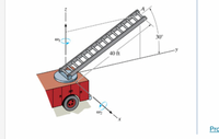 The image depicts a mechanical diagram of a fire truck with an extendable ladder. 

**Components and Annotations:**

1. **Ladder:** The fire truck is equipped with a ladder that extends to a length of 40 feet. 

2. **Angle of Elevation:** The ladder forms a 30° angle with the horizontal plane (y-axis). 

3. **Angular Velocities:**
   - \( \omega_1 \): Rotational movement about the z-axis, represented by a circular arrow at the base of the ladder.
   - \( \omega_2 \): Rotational movement about the x-axis, represented by a circular arrow along the x direction.

4. **Axes:**
   - The z-axis is vertical.
   - The x-axis is horizontal, pointing outward from the fire truck.
   - The y-axis is horizontal and perpendicular to the x-axis.

5. **Truck Base:** The base of the ladder is mounted on a circular platform atop the fire truck, allowing for rotational movement. The truck is illustrated with two wheels for support.

**Diagram Explanation:**
This diagram provides a visual representation of the rotational dynamics involved when the ladder is being rotated and elevated. The integration of the angular velocities \( \omega_1 \) and \( \omega_2 \) demonstrates how the ladder can rotate about multiple axes, allowing it to be positioned accurately during operation.