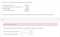 On October 1, Oriole Corporation's stockholders' equity is as follows.
Common stock, $7 par value
$535,500
Paid-in capital in excess of par-common stock
30,000
Retained earnings
167,000
Total stockholders' equity
$732,500
On October 1, Oriole declares and distributes a 10% stock dividend when the market price of the stock is $14 per share.
(a)
X Your answer is incorrect.
Compute the par value per share (1) before the stock dividend and (2) after the stock dividend.
Par value before the stock dividend
2$
9.58
Par value after the stock dividend
2$
8.71
