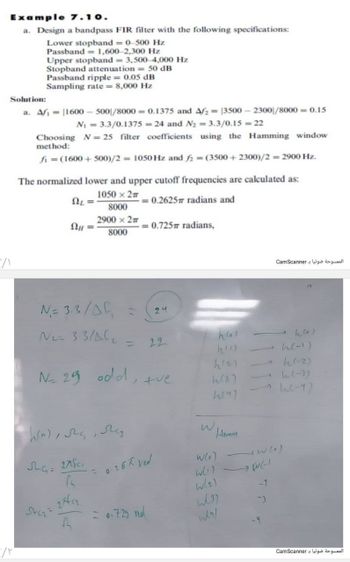 Answered: Example 7.10. a. Design a bandpass FIR… | bartleby