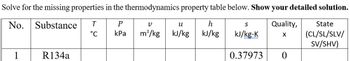 Solve for the missing properties in the thermodynamics property table below. Show your detailed solution.
P
Quality,
No. Substance T
°C
kPa
X
1
R134a
V
U
m³/kg kJ/kg
h
kJ/kg
S
kJ/kg-k
0.37973
0
State
(CL/SL/SLV/
SV/SHV)