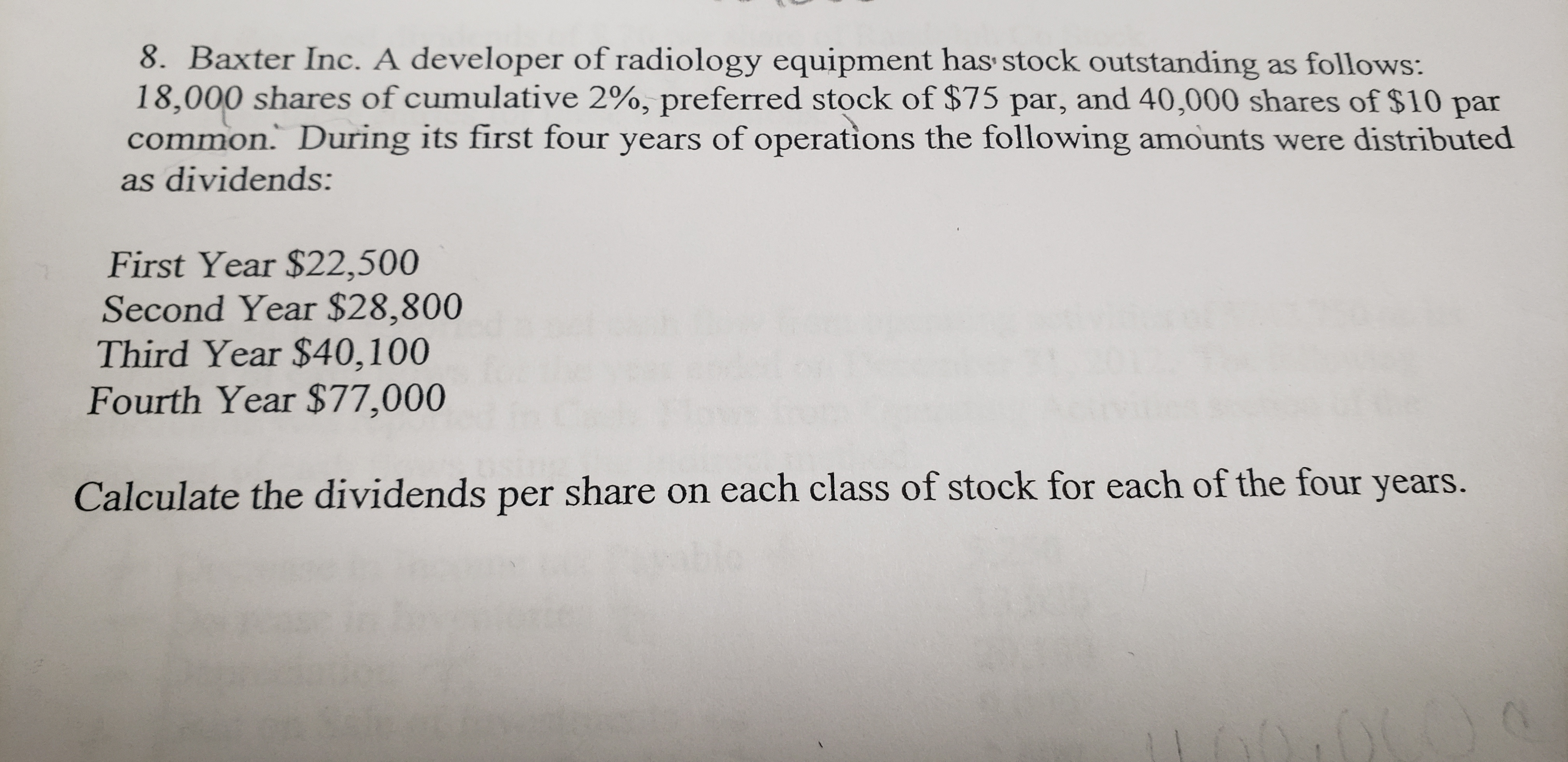 8. Baxter Inc. A developer of radiology equipment has stock outstanding as follows:
18,000 shares of cumulative 2%, preferred stock of $75 par, and 40,000 shares of $10 par
common. During its first four years of operations the following amounts were distributed
as dividends:
First Year $22,500
Second Year $28,800
Third Year $40,100
Fourth Year $77,000
Calculate the dividends share on each class of stock for each of the four years.
per
