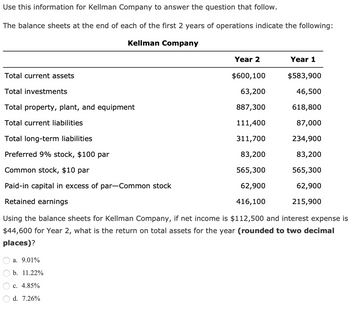 Use this information for Kellman Company to answer the question that follow.
The balance sheets at the end of each of the first 2 years of operations indicate the following:
Kellman Company
Total current assets
Total investments
Total property, plant, and equipment
Total current liabilities
Total long-term liabilities
Preferred 9% stock, $100 par
Common stock, $10 par
Paid-in capital in excess of par-Common stock
Retained earnings
a. 9.01%
b. 11.22%
Year 2
c. 4.85%
d. 7.26%
$600,100
63,200
887,300
111,400
311,700
83,200
565,300
62,900
416,100
Year 1
Using the balance sheets for Kellman Company, if net income is $112,500 and interest expense is
$44,600 for Year 2, what is the return on total assets for the year (rounded to two decimal
places)?
$583,900
46,500
618,800
87,000
234,900
83,200
565,300
62,900
215,900