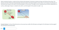 **When traveling through air, a spherical drop of blood with diameter \(d\) maintains its spherical shape until hitting a flat surface. The direction of travel of the drop of blood dictates the directionality of the blood splatter on the surface. For this reason, the diameter of the blood drop is equal to the width of the blood splatter on the surface. The angle at which a spherical drop of blood is deposited on a surface, called the angle of impact, is related to the width \(w\) and the length \(l\) of the splatter by \(\sin \theta = \frac{w}{l}\).**

**Diagrams Explanation:**

- The first diagram (Top view) shows a blood drop in the air and its direction of travel leading to a blood splatter on a surface.
- The second diagram (Side view) illustrates the blood drop descending at an angle toward a flat surface, forming a right triangle with the width \(w\) and length \(l\) of the blood splatter indicated. The angle \(\theta\) represents the angle of impact.

**Forensic Science:**

**If a drop of blood found at a crime scene has a width of 8 millimeters and a length of 16 millimeters, find the angle \(\theta\) that represents the directionality.**

\(\theta = \) [Input box for user to calculate and enter the angle].