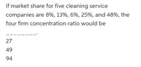 If market share for five cleaning service
companies are 8%, 13%, 6%, 25%, and 48%, the
four firm concentration ratio would be
27
49
94
