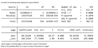 Consider the following Stata regression output (IDMC5)
Source
SS
df
MS
Number of obs
935
%3D
F(1, 933)
111.79
Model
16340644.5
1
16340644.5
Prob > F
0.0000
Residual
136375524
933
146168.836
R-squared
0.1070
Adj R-squared
0.1060
%3D
Total
152716168
934 163507.675
Root MSE
382.32
wage
Coefficient Std. err.
P>|t|
[95% conf. interval]
educ
60.21428
5.694982
10.57
0.000
49.03783
71.39074
cons
146.9524
77.71496
1.89
0.059
-5.56393
299.4688
where wage is monthly wage in US$ and educ is years of education.
What is the predicted effect of a 5 year increase of education on wage?
Il ||
II
