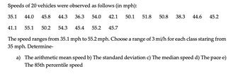 Speeds of 20 vehicles were observed as follows (in mph):
35.1 44.0
45.8 44.3 36.3 54.0 42.1 50.1 51.8 50.8 38.3 44.6 45.2
45.4 55.2 45.7
41.1 55.1 50.2 54.3
The speed ranges from 35.1 mph to 55.2 mph. Choose a range of 3 mi/h for each class staring from
35 mph. Determine-
a) The arithmetic mean speed b) The standard deviation c) The median speed d) The
pace e)
The 85th percentile speed