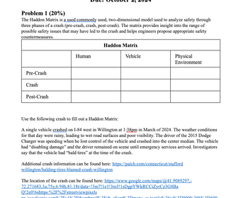 Problem 1 (20%)
The Haddon Matrix is a used commonly used, two-dimensional model used to analyze safety through
three phases of a crash (pre-crash, crash, post-crash). The matrix provides insight into the range of
possible safety issues that may have led to the crash and helps engineers propose appropriate safety
countermeasures.
Pre-Crash
Crash
Post-Crash
Haddon Matrix
Human
Vehicle
Physical
Environment
Use the following crash to fill out a Haddon Matrix:
A single vehicle crashed on I-84 west in Willington at 1:38pm in March of 2024. The weather conditions
for that day were rainy, leading to wet road surfaces and poor visibility. The driver of the 2015 Dodge
Charger was speeding when he lost control of the vehicle and crashed into the center median. The vehicle
had "disabling damage" and the driver remained on scene until emergency services arrived. Investigators
say that the vehicle had "bald tires" at the time of the crash.
Additional crash information can be found here: https://patch.com/connecticut/stafford
willington/balding-tires-blamed-crash-willington
The location of the crash can be found here: https://www.google.com/maps/@41.9089297.-
72.271683,3a,75y,6.94h,81.18t/data=!3m7!1e1!3m5!1sDgpYWkRCCiZyrCz3G8Ba
Q!2e0!6shttps:%2F%2Fstreetviewpixels
nis com9/210/thumbnai19/2Eob client/2Dmon our tootila?/26/200009/26b9/2D600