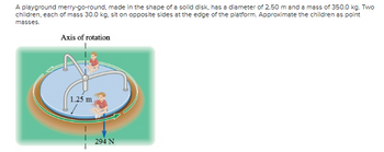 A playground merry-go-round, made in the shape of a solid disk, has a diameter of 2.50 m and a mass of 350.0 kg. Two
children, each of mass 30.0 kg, sit on opposite sides at the edge of the platform. Approximate the children as point
masses.
Axis of rotation
1.25 m
294 N