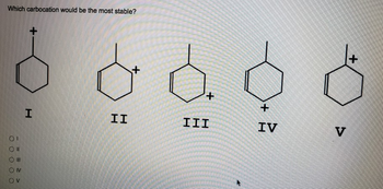 Which carbocation would be the most stable?
OI
O II
00
|||
ONV
OV
+
H
II
d
+
III
+
IV
V
+