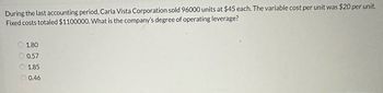 During the last accounting period, Carla Vista Corporation sold 96,000 units at $45 each. The variable cost per unit was $20 per unit. Fixed costs totaled $1,100,000. What is the company's degree of operating leverage?

- 1.80
- 0.57
- 1.85
- 0.46