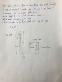 Water flows steadily from a Large tank and exits through
a vertical constant diameter pipe. The air in the tank is
pressurieed to 5o kN/m². Deter mine
a) the height h, to which the water rises,
b) the water velocity in the pipe
c) Hhe
pressure
in the horizontal part of pipe.
the
Free jet
Pife exit
5o kN/m²
Air
4m
Water T
1 Large tank.
Afe
