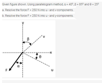 Given figure shown. Using parallelogram method, a = 40°, B = 85° and e = 25°
a. Resolve the force F = 250 N into u - and v-components.
b. Resolve the force F = 250 N into u - and y-components.
B
---
F
u
