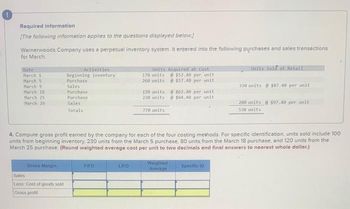 !
Required information
[The following information applies to the questions displayed below.]
Warnerwoods Company uses a perpetual inventory system. It entered into the following purchases and sales transactions
for March.
Date
March 1
March 5
March 9.
March 18
March 25
March 29
Gross Margin
Activities
Beginning inventory
Purchase.
Sales
Purchase
Purchase
Sales
Totals:
Sales
Less Cost of goods sold
Gross profit
FIFO
Units Acquired at Cost
170 units @ $52.40 per unit
260 units @ $57.40 per unit
LIFO
120 units
220 units
770 units
4. Compute gross profit earned by the company for each of the four costing methods. For specific identification, units sold include 100
units from beginning inventory, 230 units from the March 5 purchase, 80 units, from the March 18 purchase, and 120 units from the
March 25 purchase. (Round weighted average cost per unit to two decimals and final answers to nearest whole dollar.)
@ $62.40 per unit
@ $64.40 per unit
Weighted
Average
Units Sold at Retail
Specific ID
330 units@ $87.40 per unit
200 units @ $97.40 per unit
530 units