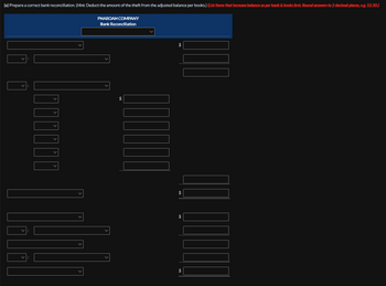 (a) Prepare a correct bank reconciliation. (Hint: Deduct the amount of the theft from the adjusted balance per books.) (List items that increase balance as per bank & books first. Round answers to 2 decimal places, e.g. 52.50.)
PHAROAH COMPANY
Bank Reconciliation
eeeeee
$
$
$
$
$