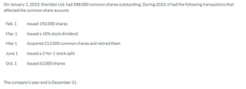 On January 1, 2023, Sheridan Ltd. had 588,000 common shares outstanding. During 2023, it had the following transactions that
affected the common share account:
Feb. 1
Mar. 1
May 1
June 1
Oct. 1
Issued 192,000 shares
Issued a 10% stock dividend
Acquired 213,000 common shares and retired them
Issued a 2-for-1 stock split
Issued 62,000 shares
The company's year end is December 31.