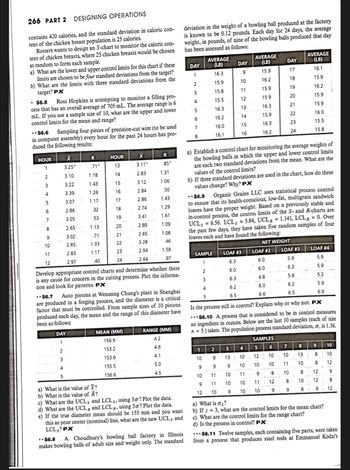 **Designing Operations - Educational Exercise**

---

**Page 266: Part 2**

**Overview:**

This page contains exercises on designing operations with a focus on statistical process control and quality management. The exercises involve calculating control limits and interpreting data for monitoring manufacturing processes.

---

**Exercise Descriptions:**

1. **Exercise on Chicken Breasts (π):**
   - Objective: Calculate X-chart limits for monitoring caloric content in chicken breasts.
   - Instructions:
     - Determine control limits based on four and three standard deviations.
     - Discuss implications of using different standard deviations.

2. **Exercise S6.5:**
   - Ross Hopkins monitors a filling process with an average of 705 mL and range of 6 mL.
   - Task: Calculate upper and lower control limits for mean and range using a sample size of 10.

3. **Exercise S6.6:**
   - Evaluate precision-cut wire samples over 24 hours.
   - Data Table:
     - Contains hourly readings for mean (\(\bar{X}\)) and range (R).
   - Task: Develop control charts and identify patterns or causes for concern.

4. **Exercise S6.7:**
   - Control diameter in a Shanghai forging process with piston samples.
   - Data Table:
     - Displays mean and range for five days.
   - Tasks:
     - Calculate averages, control limits, and assess control based on nominal diameter of 155 mm.

5. **Exercise S6.8:**
   - Analyze bowling ball production for weight deviations.
   - Provide a set of average weights over multiple days.
   - Task: Establish control chart limits and discuss variations when using different standard deviations.

6. **Exercise S6.9:**
   - Organic Grains LLC checks net weight of loaves to ensure proper weight with statistical process control.
   - Data Table:
     - Shows weights for different loaf samples.
   - Task: Assess if the process is within control.

7. **Exercise S6.10:**
   - Investigate control measures in ingredient ounces.
   - Sample size and standard deviation provided for control chart limits.
   - Task: Determine control limits and process stability.

8. **Exercise S6.11:**
   - Analyze process stability with taken samples of steel rods.
   - Task: Draw conclusions about control.

---

**Detailed Diagrams:**

- **Data Tables:**
  - Organized with columns for metrics such as averages