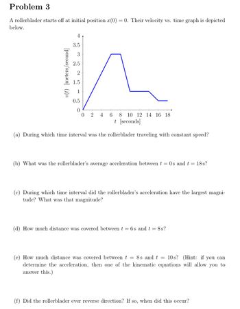 Problem 3
A rollerblader starts off at initial position x(0) = 0. Their velocity vs. time graph is depicted
below.
v(t) [meters/second]
4
3.5
3
2.5
2
1.5
1
0.5
0
02 4 6 8 10 12 14 16 18
t [seconds]
(a) During which time interval was the rollerblader traveling with constant speed?
(b) What was the rollerblader's average acceleration between t
=
(c) During which time interval did the rollerblader's acceleration have the largest magni-
tude? What was that magnitude?
(d) How much distance was covered between t
-
6s and t = 8 s?
Os and t = 18 s?
= 8s and t
(e) How much distance was covered between t
10 s? (Hint: if you can
determine the acceleration, then one of the kinematic equations will allow you to
answer this.)
=
(f) Did the rollerblader ever reverse direction? If so, when did this occur?