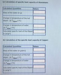 (a) Calculation of specific heat capacity of Aluminium:
Calculated Quantities
Values
Mass of the water (in g)
Change in temperature of the hot
object (ATobjed) PC)
Change in temperature of water
(A Twder "C)
Calculated specific heat of the Object
in cal/g°C
(b) Calculation of the specific heat capacity of Copper:
Calculated Quantities
Values
Mass of the water (in grams)
Change in temperature of the hot
object (A Tobjea) (°C)
Change in temperature of water
(A Twder "C)
Calculated specific heat of the Object
in cal/g°C
