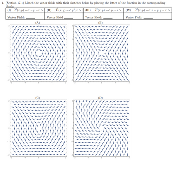 1. **(Section 17.1)** Match the vector fields with their sketches below by placing the letter of the function in the corresponding blank:

\[
\begin{array}{lll}
\text{(I)} & \vec{F}(x, y) = \langle -y, -x \rangle & \\
\text{(II)} & \vec{F}(x, y) = \langle y^2, x \rangle & \\
\text{(III)} & \vec{F}(x, y) = \langle y, -x \rangle & \\
\text{(IV)} & \vec{F}(x, y) = \langle x + y, y - x \rangle & \\
\end{array}
\]

- **Vector Field (A):**  
- **Vector Field (B):**
- **Vector Field (C):**
- **Vector Field (D):**

### Explanation of Vector Field Diagrams

**Vector Field (A):**  
- The arrows form concentric circular patterns around the origin, indicating a spiral or rotational field.

**Vector Field (B):**  
- The arrows are directed outward from the center, suggesting a divergence from the origin.

**Vector Field (C):**  
- The vectors appear to create a clockwise circular motion around the origin, potentially indicative of a curl or vortex.

**Vector Field (D):**  
- The pattern shows arrows converging towards the center, suggesting an inward flow to the origin.