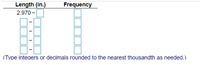 Length (in.)
Frequency
2.970 -
(Type inteaers or decimals rounded to the nearest thousandth as needed.)
