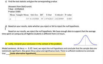 c) Find the test statistic and give the corresponding p-value.
(Answers from StatCrunch)
T-Stat : 2.9762613
P-value: 0.005
Mean Sample Mean Std. Err. DF T-Stat Critical t P-value
3.9 0.1343968 39 2.9762613 2.0226909 0.005
μ
d) Based on your results, state whether you reject or fail to reject the null hypothesis.
Based on our results, we reject the null hypothesis. We have enough data to support that the average
time spent on campus by all Highline students is different from 3.5 hours.
e) Lastly, interpret your conclusion in the context of the problem.
Model sentence: At the α = 0.05 level, we reject the null hypothesis and conclude that the sample data are
statistically significant. Also given the p-value and significance level, There is sufficient evidence to conclude
that (state alternative hypothesis)__