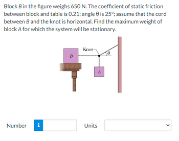 Block B in the figure weighs 650 N. The coefficient of static friction
between block and table is 0.21; angle 0 is 25°; assume that the cord
between B and the knot is horizontal. Find the maximum weight of
block A for which the system will be stationary.
Number
Knot
B
+
Units
0