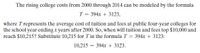 The rising college costs from 2000 through 2014 can be modeled by the formula
T = 394x + 3123,
where T represents the average cost of tuition and fees at public four-year colleges for
the school year ending x years after 2000. So, when will tuition and fees top $10,000 and
reach $10,215? Substitute 10,215 for T in the formula T = 394x + 3123:
10,215 = 394x + 3123.
